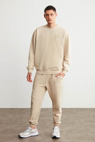 Grimelange Raırok Erkek İçi Polarlı Comfort Oversize Nakışlı Bej Sweat