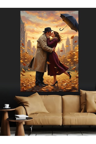 Ahşap Tablo Sonbahar Yaprakları Ve Romantik Çift