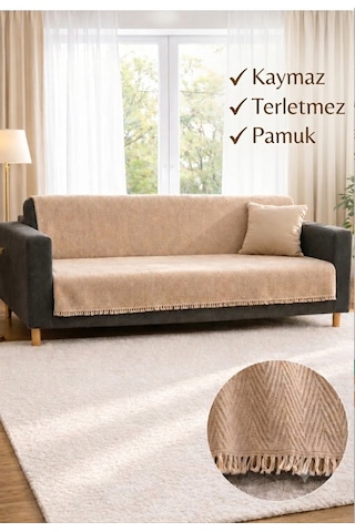 %100 Pamuk Kaymaz & Terletmez & Saçaklı & Yumuşak Koltuk Örtüsü-tek Ve Çift Kişilik Koltuklar İçin- 170 X 200 Cm Bej