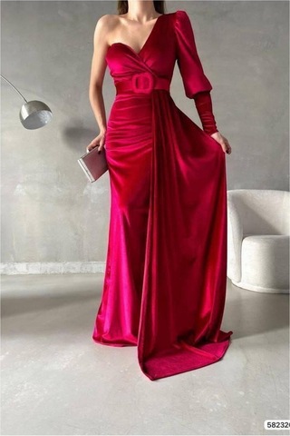 Lior Design Kadın İnce Kadife Kumaş Tek Omuz Kemerli Maxi Abiye Elbise Kırmızı