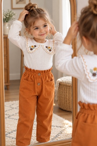 Babyhola 1-3 Yaş Kız Bebek Çocuk Çıtçıtlı Badi Pantolon Şık Alt Üst 2'li Takım Bayramlık 2327 Turuncu