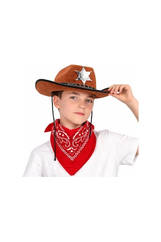 Çocuk Kovboy Şapka Rozetli Kahverengi Kırmızı Bandana Seti