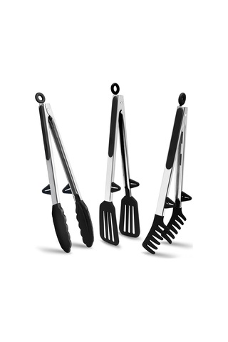 Springsun 3 Parça 30cm Paslanmaz Çelik Mutfak Kelepçesi, Silikon Uçlu Izgara, Makarna Ve Salata Bufetleri İçin Siyah