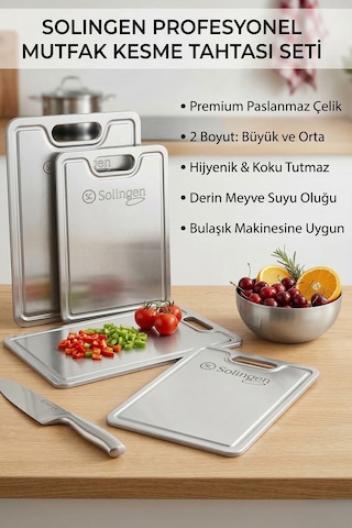 Solingen Paslanmaz Çelik Gıda Dostu Kesme Tahtası 2'li Set Parmak İzi Bırakmaz Inox