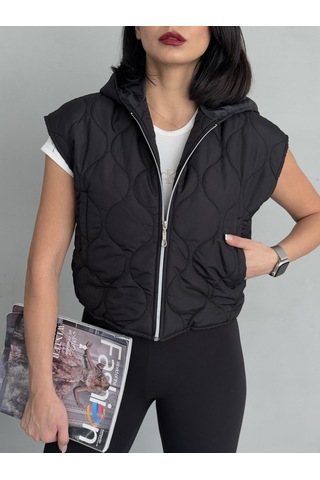 Kadın Cepli Kapitone Kapüşonlu Crop Yelek Siyah