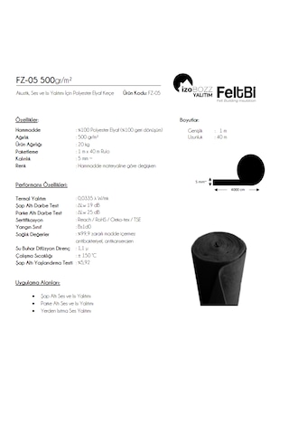 İzoBOZZ FeltBi 5mm 500 Gr/m2 Isı Ve Ses Yalıtımı Polyester Elyaf Keçe