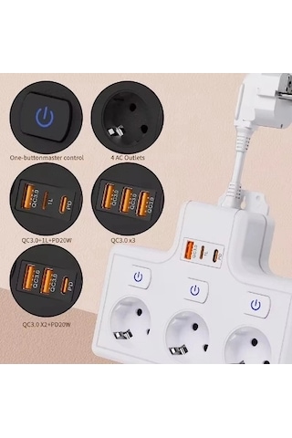 Termal Akım Korumalı 3 Lü Duvar Tipi Priz 1x Usb 2x Type-c Çıkışlı Grup Priz Çoğaltıcı 3500w 1