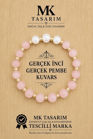 Gerçek İnci Gerçek Pembe Kuvars Bileklik Mk.7000.829- Rahatlık-dinginlik-enerji- Stres Bilekliği Çok Renkli