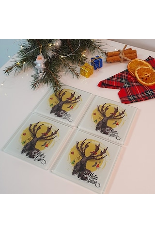 Decorita Cam Bardak Altlığı Mutlu Yıllar Geyik 4'lü Takım 10 x 10 CM Çok Renkli