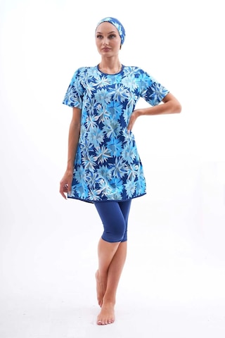 Aslınur Likralı Lacivert Desenli Yarı Kapalı Kadın Tesettür Mayo Lacivert - Mor