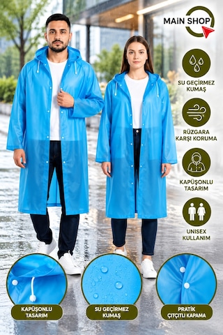 Mainshop Unisex Yağmurluk Kapüşonlu Çıtçıtlı Su Geçirmez Uzun Yağmurluk Kadın Erkek Mavi