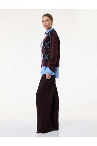 Koton Koton X Melis Ağazat - Regular Fit Uzun Geniş Paça Pantolon Bordo 6wak40121ek