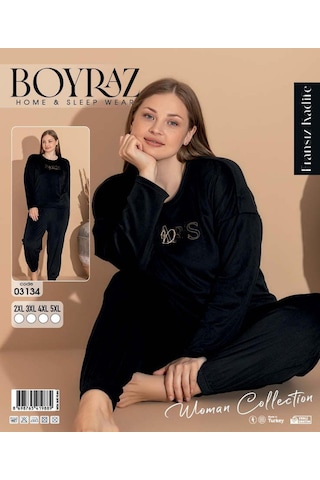 Boyraz Kadın Kışlık Fransız Kadife Büyük Beden Bisiklet Yaka Uzun Kol Pijama Takımı 03134 - 1 Adet Siyah
