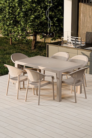 90x150 Cm Rattan 6 Kişilik Masa Takımı Camsız Bambu Sandalye Bahçe Teras Takımı Oturma Grubu Cappuccino