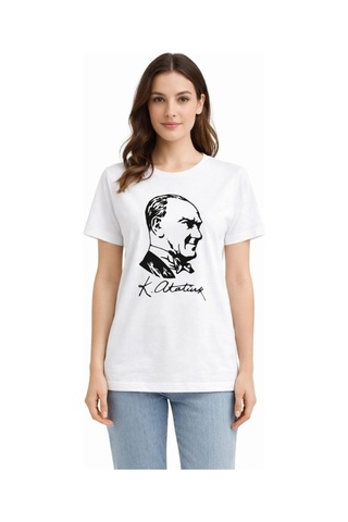 Wear Vexel Kadın Atatürk Baskılı Tişört Kısa Kollu Bisiklet Yaka T-shirt - Beyaz Beyaz