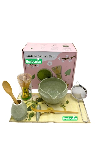 Herbarius 8 Parça Çiçek Desenli Benekli Adaçayı Yeşili Renk Matcha Çayı Hazırlama Seti - Geleneksel Japon Matcha Seti