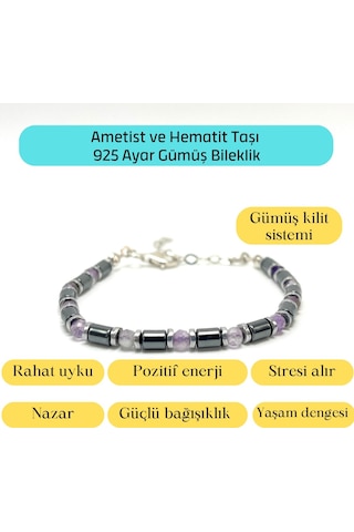 Yıldız Doğal Taş Ametist ve Hematit Doğal Taş Gümüş Bileklik 4 MM