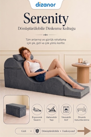 Serenity Çok Amaçlı Dinlenme Koltuğu Katlanabilir Bench Formlu Şezlong Yetişkin Çiftler İçin Ergonomik Destek Minderi Siyah