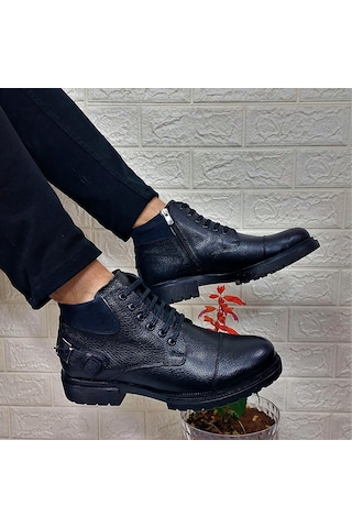 M.P 4201 Siyah Hakiki Deri Bağacaklı Fermuarlı Fuspetli Erkek Bot 001