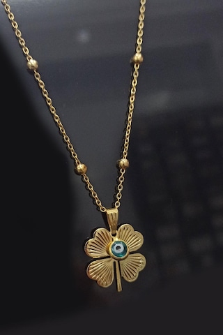 Gold Kaplama Altın Renk Top Zincir Nazar Boncuklu Yonca Bijuteri Sarı