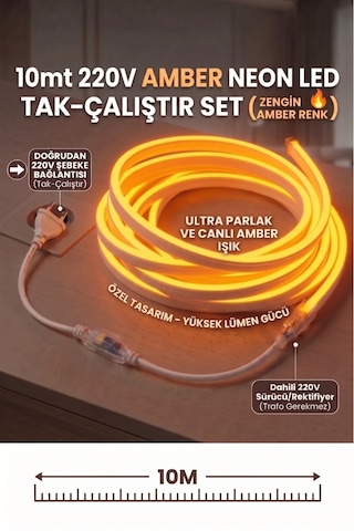 10 Metre Amber 220v Neon Led Şerit ,tak Çalıştır Set, Fişli Esnek Şerit Led, ,turuncu Led,mutfak,tezgah Ledi, Neon Led Şerit Işık ,ambiyans Işık Havuzu, Balkon, Teras Ve Ev İçin Dekoratif Led Amber-turuncu