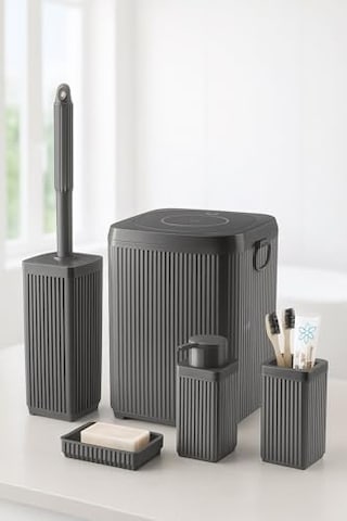 Lines Serisi Gri Banyo Seti, 5 Parça Akrilik Kare 5 Litre Çöp Kovası, Sabunluk, Fırçalık Takımı 3462 Gri Diğer