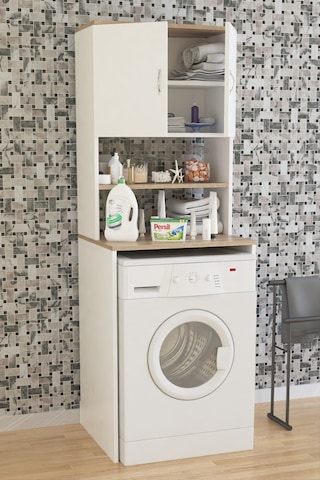 AE-2042 Solo Çamaşır Makinesi Dolabı, Banyo Dolabı, 4 Raflı, Kapaklı, Beyaz Dolap Beyaz