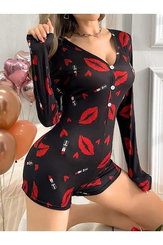Go İthalat Kadın Pamuklu Kırmızı Ruj Ve Öpücük Desenli Düğmeli Uzun Kol Tulum Pijama Siyah