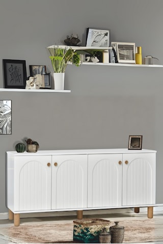 Lidya Konsol 4 Kapaklı Beyaz Krem Ahşap Görünümlü Ayaklı 180x80x44 Cm