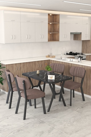 Gnr 70x110cm Sabit Siyah Mutfak Masası Takımı, Yemek Masası, 4 Modern Kahverengi Sandalye Kahverengi