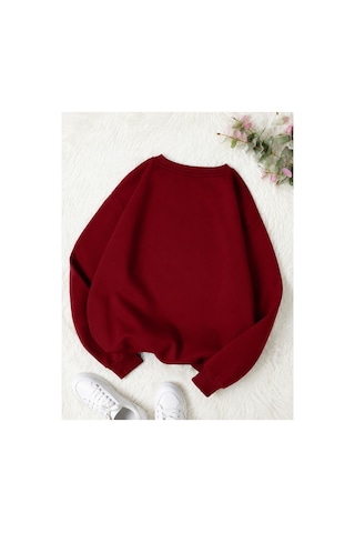 Esade Kadın Pembe Zampak Çiçek Kol Baskılı Rahat Kalıp Bisiklet Yaka Bordo Sweatshirt Bordo