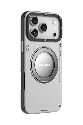 Apple Uyumlu iPhone 17 Pro Kılıf M-safe 360 Standlı Basit Mat Deri Desenli Youngkit Tech Leather Serisi Kapak Gri Gri