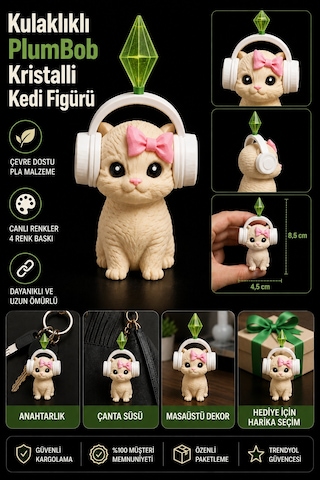 11 Cm Sims Plumbob Kulaklıklı Kristalli Kedi Figürü-dekoratif Sevimli Kedi Biblo