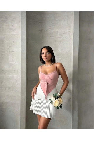 Önü Büzgülü Askılı Crop Pembe