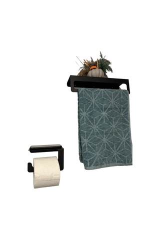 Dione Store 2li Banyo Seti, Metal Havlu Tutucu Ve Tuvalet Kağıtlığı, Havluluk, Tuvalet Kağıdı Tutucu Siyah