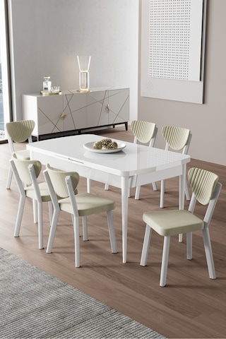 Canisa Exve Serisi 80x132 Açılabilir Beyaz Masa Takımı Ve 6 Krem Sandalye Masa Beyaz Sandalyeler Krem