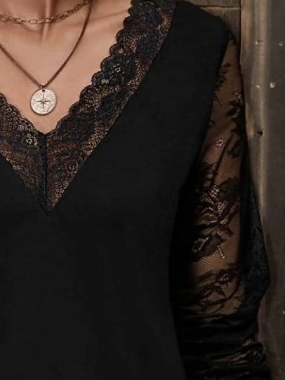 Tua Moda Kadın Uzun Kollu V Dantel Yakalı Viskon Bluz Siyah