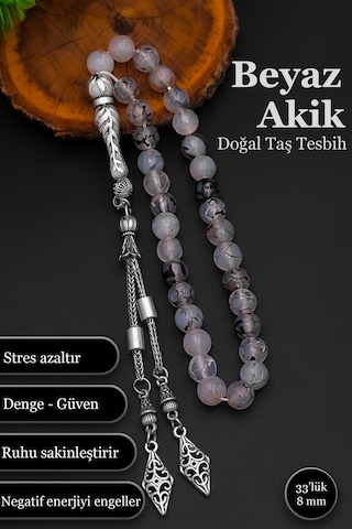 Beyaz Akik Doğal Taş Tesbih Erkek Akik Tesbih Bt050 Beyaz - Siyah
