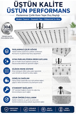 Paslanmaz Çelik Yağmur Duş Başlığı Kare Krom Tepe Duş Başlığı Geniş Su Dağılımlı Standart 1/2" Bağla Çok Renkli