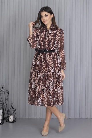 Dip Moda Kadın Kemerli Leopar Desenli Şifon Elbise Dpapcx04 Kahverengi