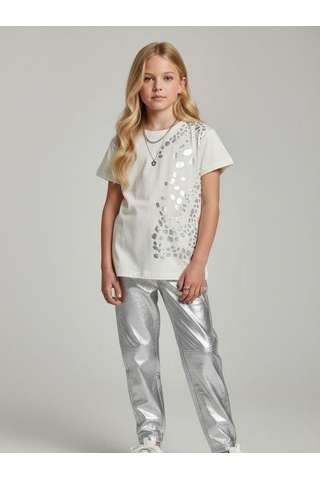 Zekids Kız Çocuk Taş Baskı Detaylı Basic T-shirt-16980 Ekru