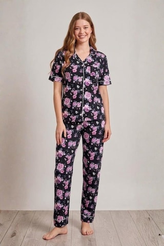 Mecit Pijama Mecit 6353 Lacivert Çiçekli Boydan Düğmeli Kadın Pijama Takımı