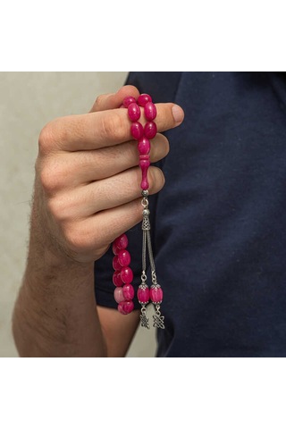 Gümüş Püsküllü Pembe Sıkma Kehribar Tesbih Sl12596 Gümüş