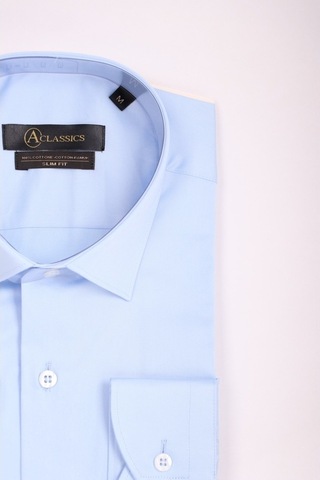 Aclassics Erkek Mavi Slim Fit Saten Pamuk Cepsiz Gömlek