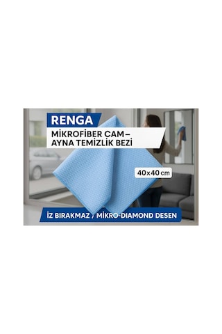 Mavi Renga Mikrofiber Cam - Ayna Temizlik Bezi 40x40 Cm İz Bırakmaz / Mikro Baklava Desenli