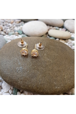 1 Carat Kral Tacı Motifli Gold Tek Taş Bayan Küpe Df09Sr Altın