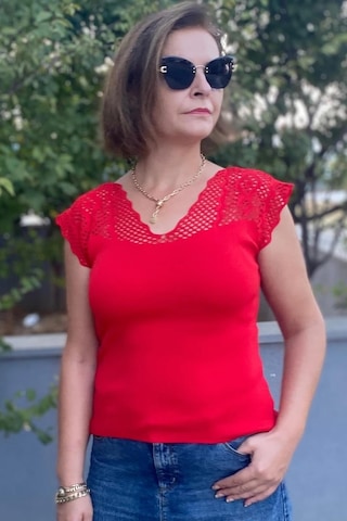 Mia Butik Kadın Kırmızı Sıfır Kol Ajurlu Triko Bluz Kırmızı