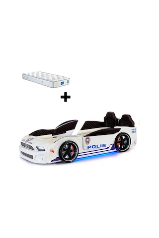 Türk Polis Arabalı Yatak Kapıları Açılan Mustang Full Ledli Kumandalı Ve Müzikli + Ortopedik Yatak