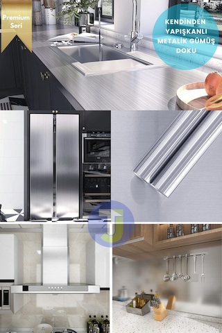 Technojet Kendinden Yapışkanlı Metalik Folyo Mutfak Banyo Tezgah Duvar Dolap Masa Kaplama 60cmx300cm Silver