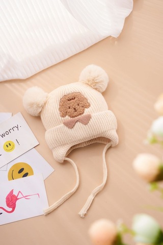 Ikkb Kış Yeni Kalınlaşmış Kulak Koruyucu Örme Şapka Çocuk Şapkası Kirli Beyaz